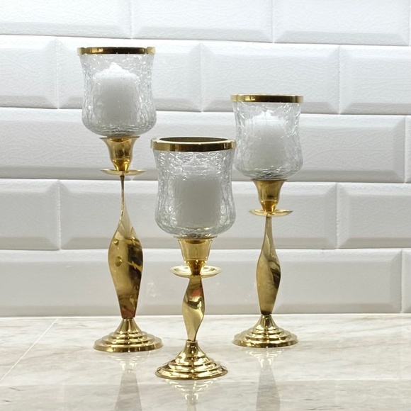 Crackle Glass Candle Holders with Twisted Ribbon Brass Candle Pillars Set of 3 - Picture 2 of 3